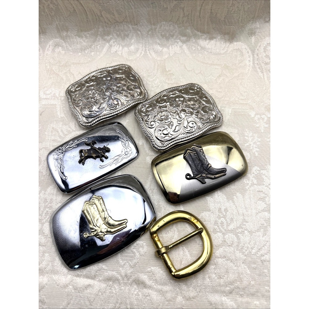 Vintage Lot of 6 Belt Buckle Cowboy Texas Rodeo Chamber Silver Plate Brass